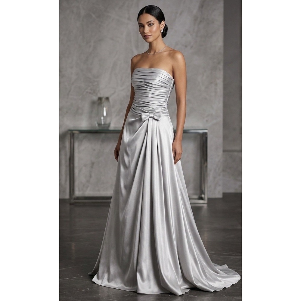 Cinderella Design Silver Satin Strapless Sleeveless Bridesmaid Dress Ruched Bow